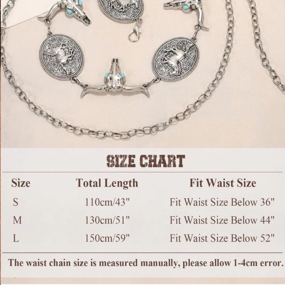 Western Concho Chain Belt Silver Cow Skull Longhorn Boho Cowgirl
